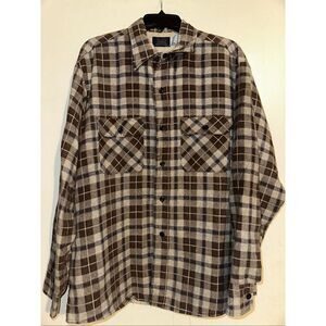 Vintage Sears Shirt Mens XL Brown Tan Plaid Perma Prest Quilted Flannel USA
